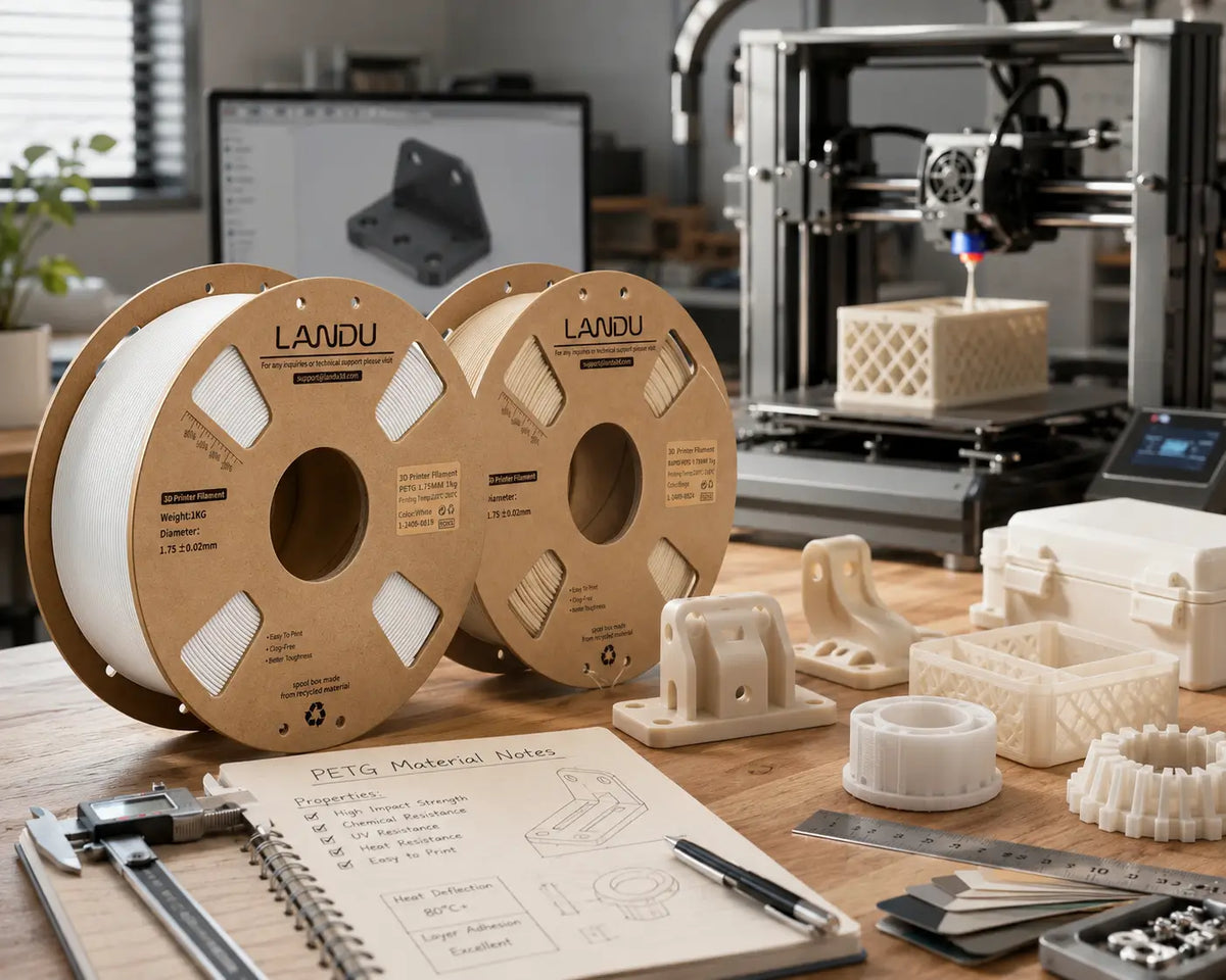 PETG filament guide showing PETG 3D printing filament spool and functional 3D printed parts