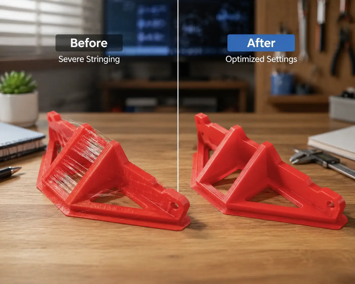 PLA stringing troubleshooting showing 3D printing filament stringing problems and solutions