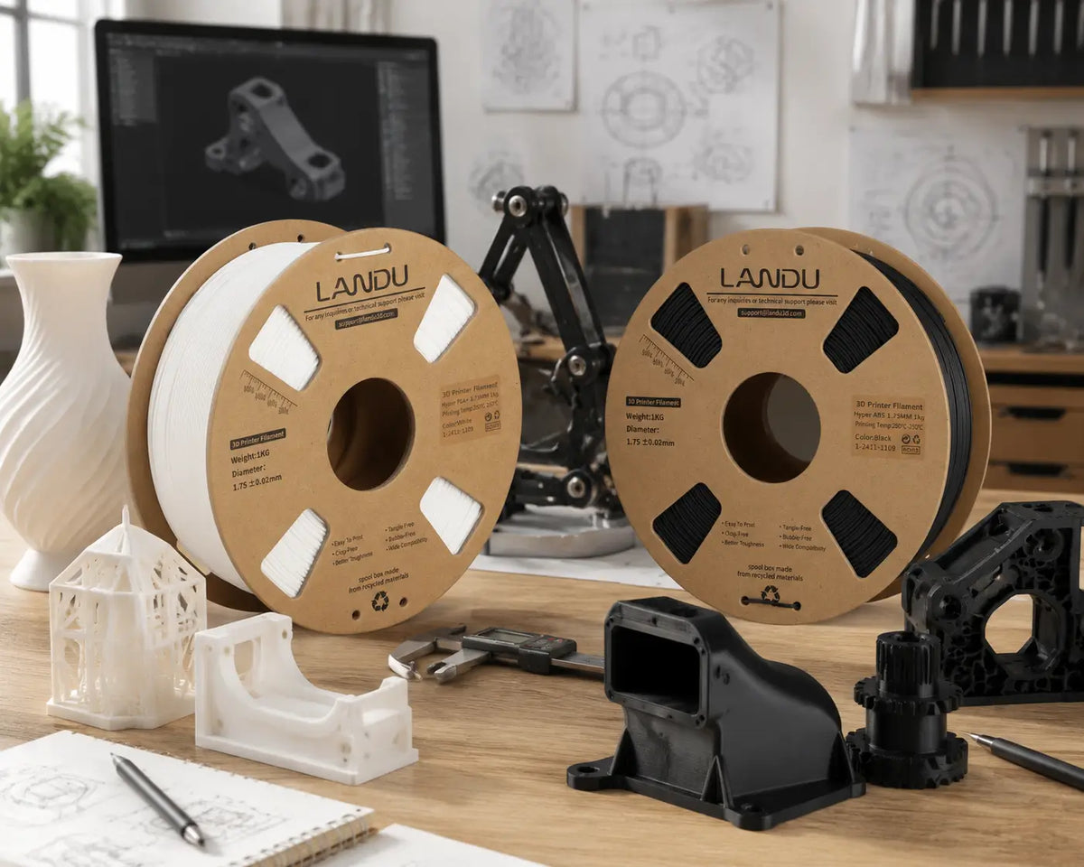 Side-by-side comparison of PLA and ABS 3D printed parts for decorative and functional applications