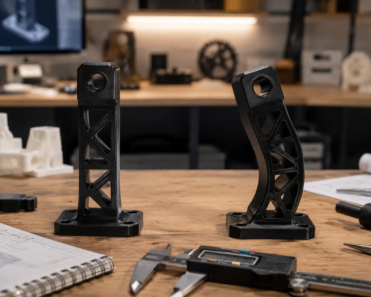 Side-by-side comparison of PLA and PETG 3D printed parts for decorative and functional applications