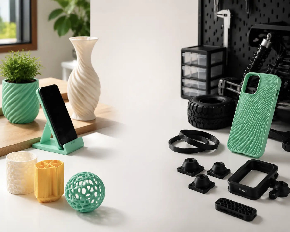 Side-by-side comparison of PLA and TPU 3D printed parts showing rigid and flexible applications