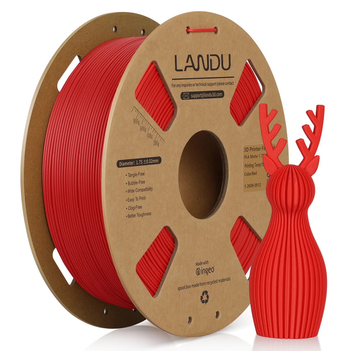 LANDU Matte Red PLA 3D printer filament 1kg spool for high-quality and elegant 3D printed objects.
