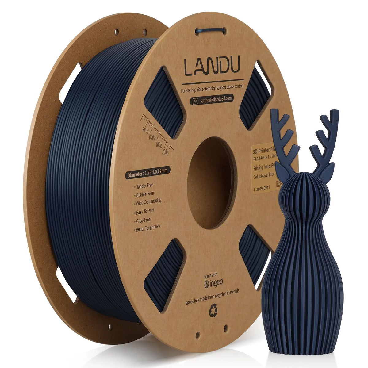 LANDU Matte dark blue PLA 3D printer filament 1kg spool offering a clean pure finish for display or post-processing painting.