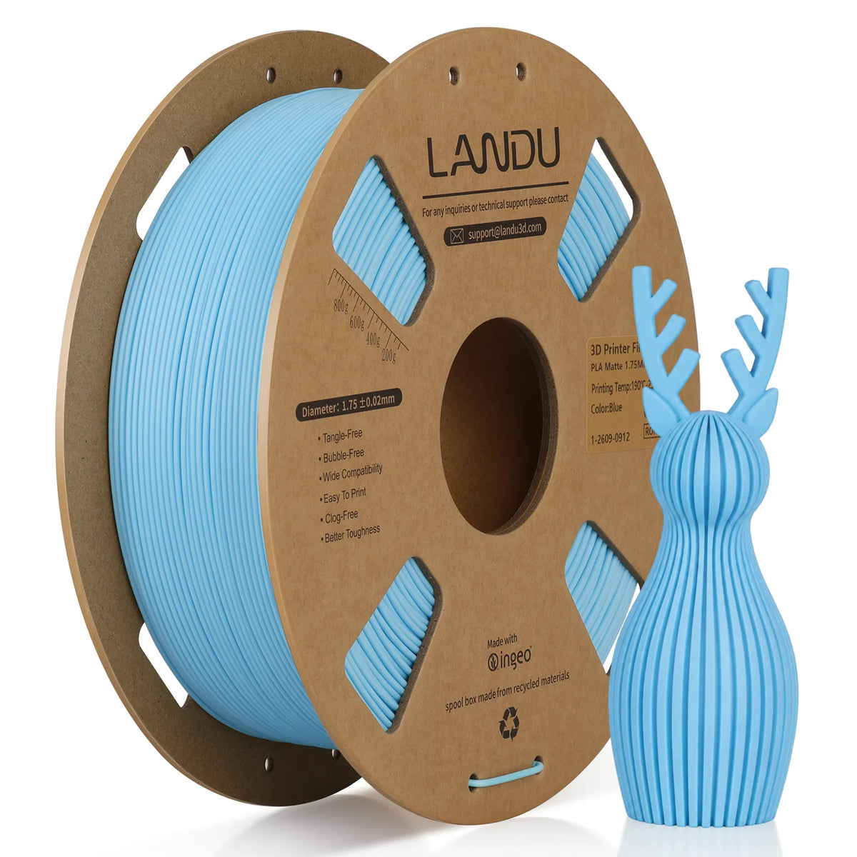 LANDU Matte blue PLA 3D printer filament 1kg spool for high-quality and elegant 3D printed objects.