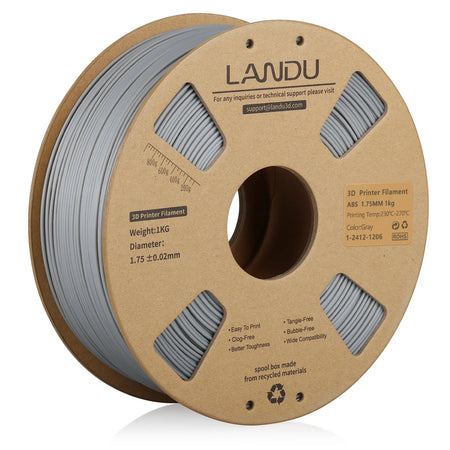 LANDU Gray ABS 3D printer filament 1.75mm 1kg on an eco-friendly cardboard spool for FDM 3D printing.