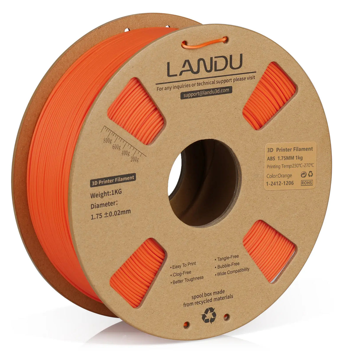 LANDU Orange ABS 3D printer filament 1.75mm 1kg on an eco-friendly cardboard spool for FDM 3D printing.