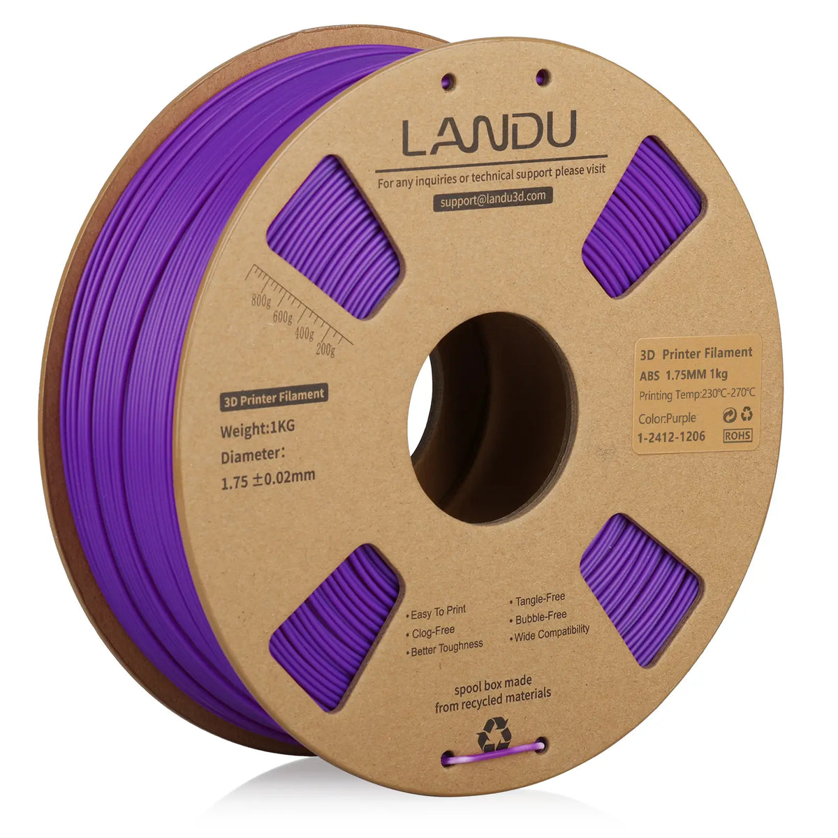 LANDU Purple ABS 3D printer filament 1.75mm 1kg on an eco-friendly cardboard spool for FDM 3D printing.