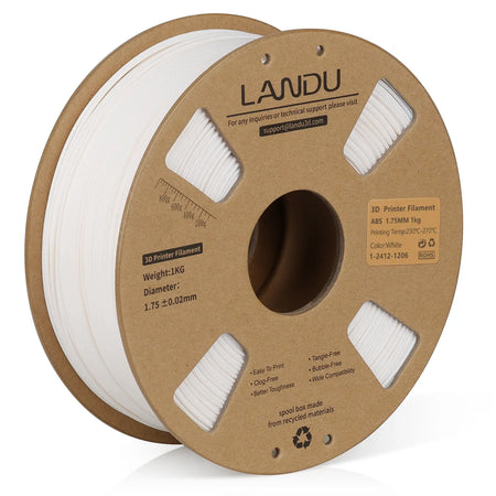 LANDU White ABS 3D printer filament 1.75mm 1kg on an eco-friendly cardboard spool for FDM 3D printing.