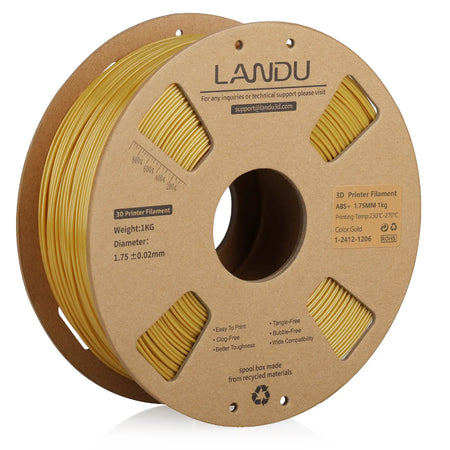 LANDU Gold ABS+ 3D printer filament 1kg cardboard spool, engineered for high-temperature resistance and smooth extrusion.