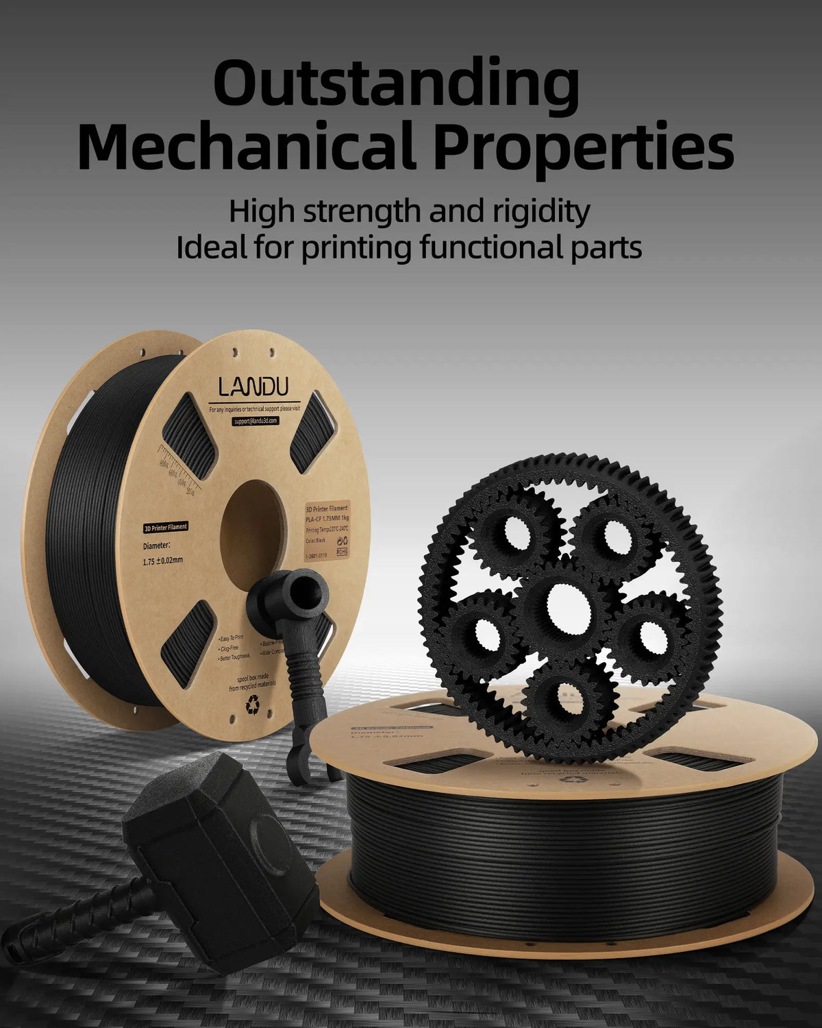 3D printed gears and a hammer demonstrating the outstanding mechanical properties and high strength of LANDU Carbon Fiber PLA.