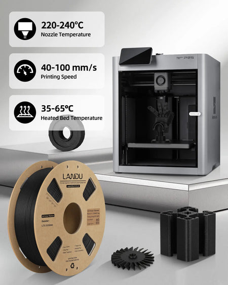 Bambu Lab 3D printer producing functional parts with LANDU Carbon Fiber PLA alongside recommended print settings.