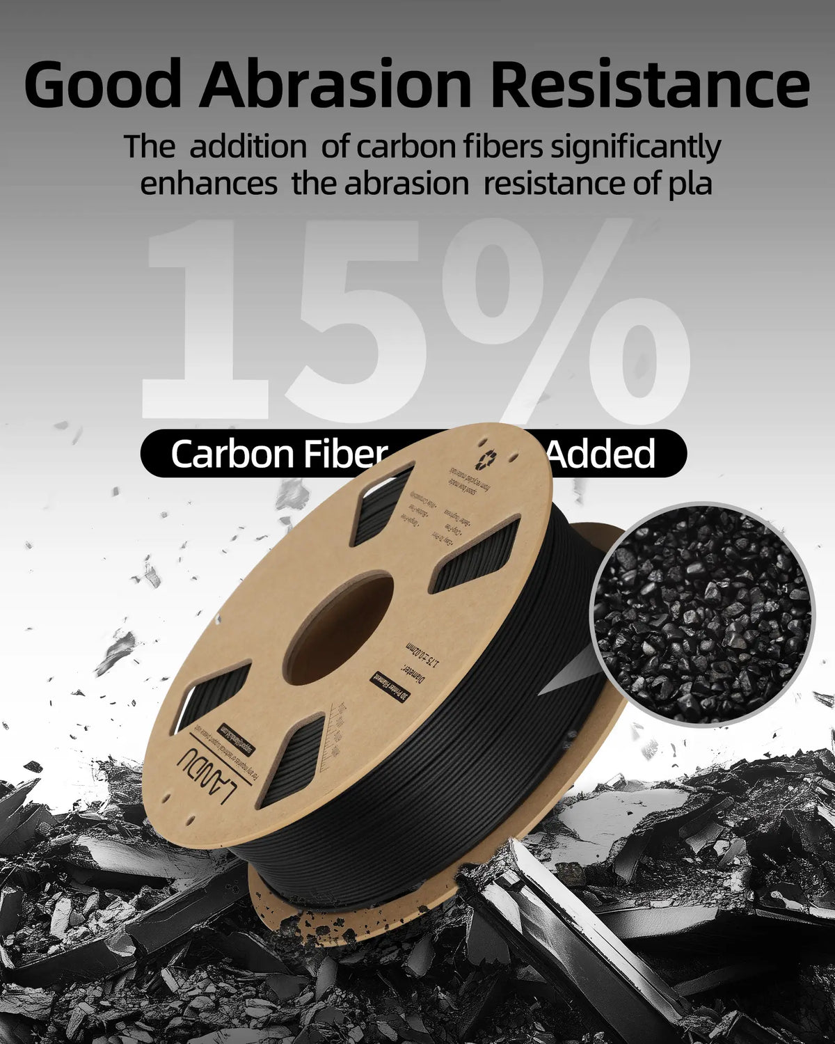 Close-up view of chopped carbon fibers highlighting the 15 percent carbon fiber content in LANDU PLA filament for abrasion resistance.