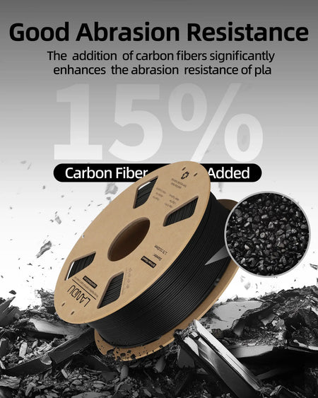 Close-up view of chopped carbon fibers highlighting the 15 percent carbon fiber content in LANDU PLA filament for abrasion resistance.