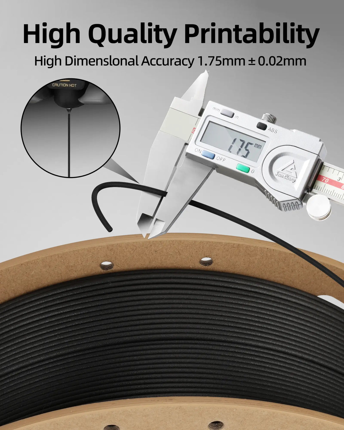 Digital caliper measuring LANDU Carbon Fiber PLA filament showing precise 1.75mm dimensional accuracy next to smooth nozzle extrusion.