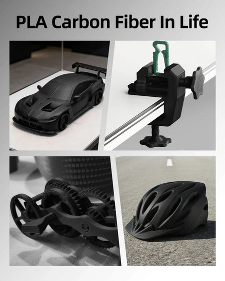 Real life applications of LANDU Carbon Fiber PLA including a 3D printed model car, heavy duty C-clamp, gears, and a bicycle helmet.