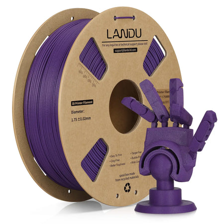 LANDU Purple Carbon Fiber PLA 3D printer filament 1kg spool displayed next to a purple printed mechanical hand.