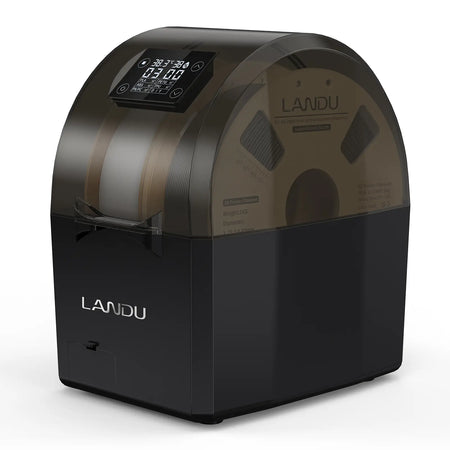 LANDU dual spool 3D printer filament dryer box with a clear LCD screen for high capacity 3D printing setups.