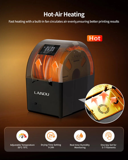 Internal view of the LANDU filament dryer box demonstrating its hot air heating circulation system for even filament drying.