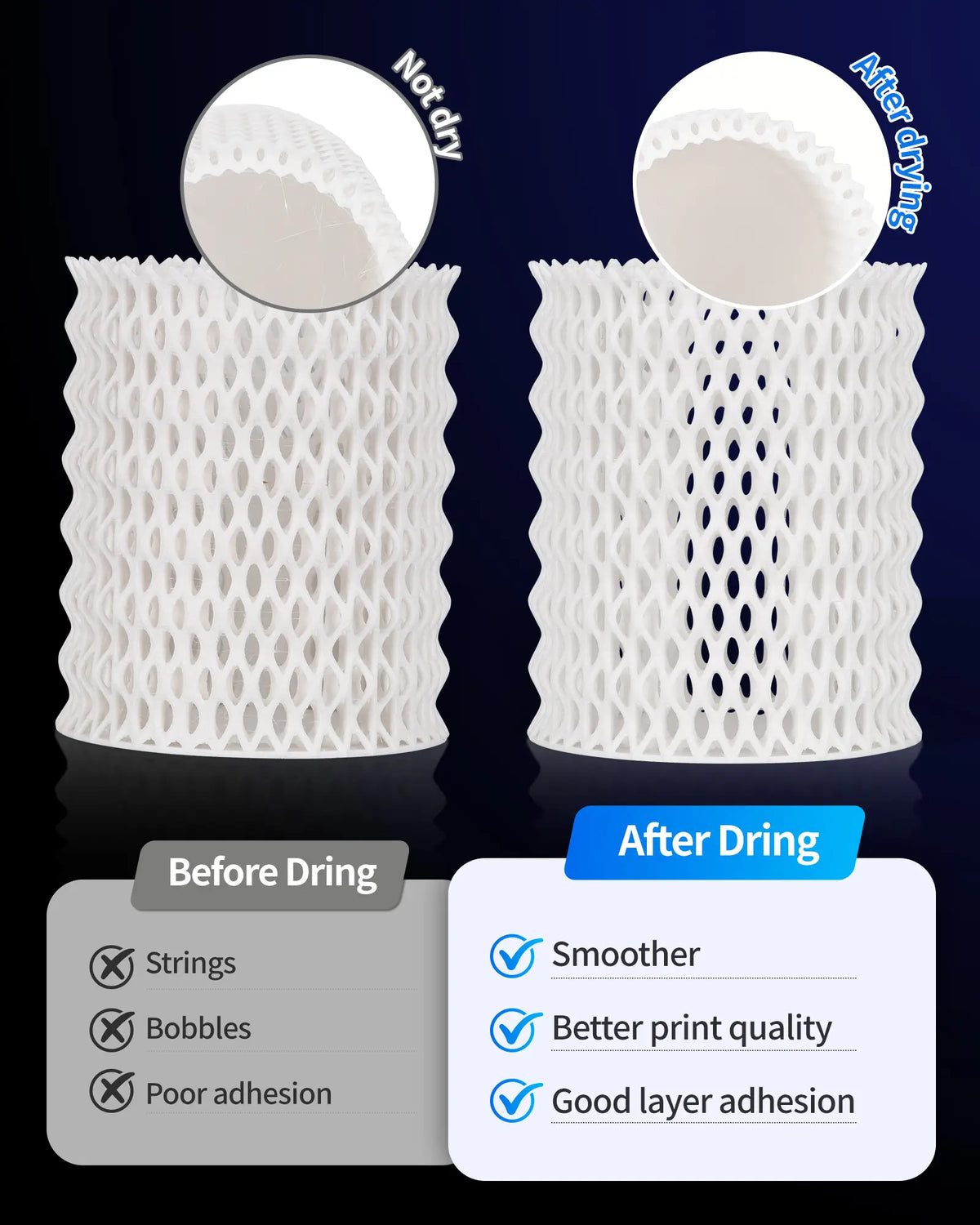 Comparison of a 3D printed cylinder showing stringing before drying and a flawless smooth surface after using the LANDU filament dryer.