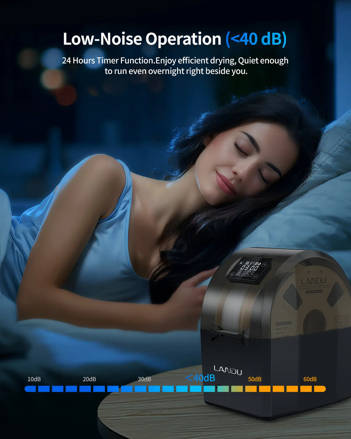 Woman sleeping peacefully near a running LANDU filament dryer box highlighting its ultra quiet operation under 40 decibels.