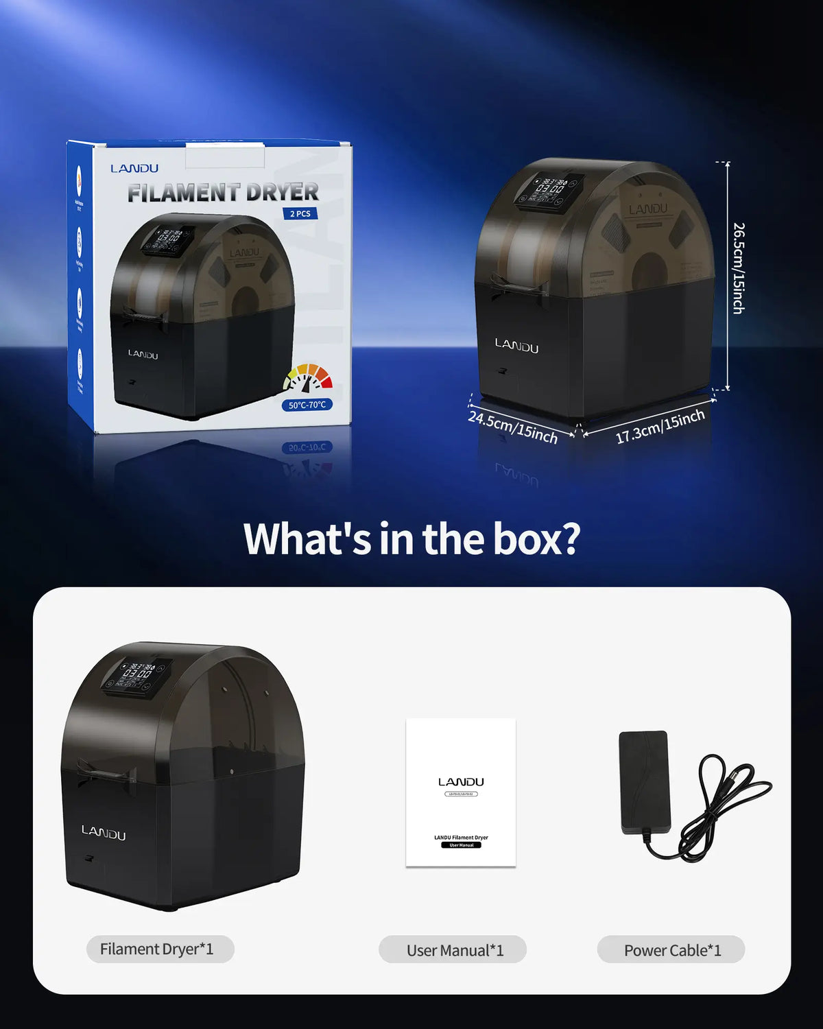 Packaging and contents of the LANDU filament dryer box including user manual and power cable with exact physical dimensions.