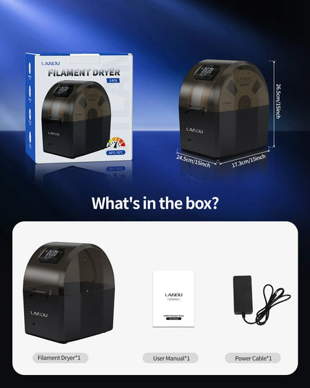 Packaging and contents of the LANDU filament dryer box including user manual and power cable with exact physical dimensions.