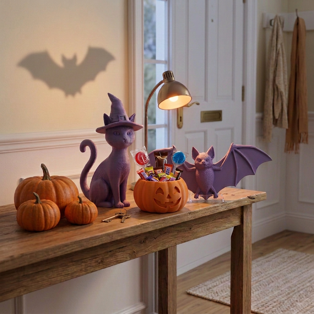 Purple 3D-printed witch cat and bat in a Halloween-styled home