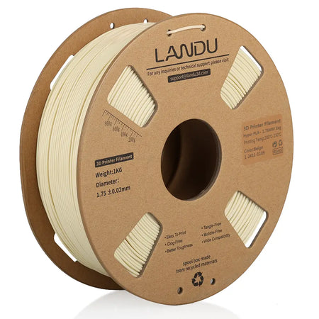 LANDU Beige Hyper PLA Plus 3D printer filament 1kg spool on an eco-friendly cardboard roll for high-speed printing.
