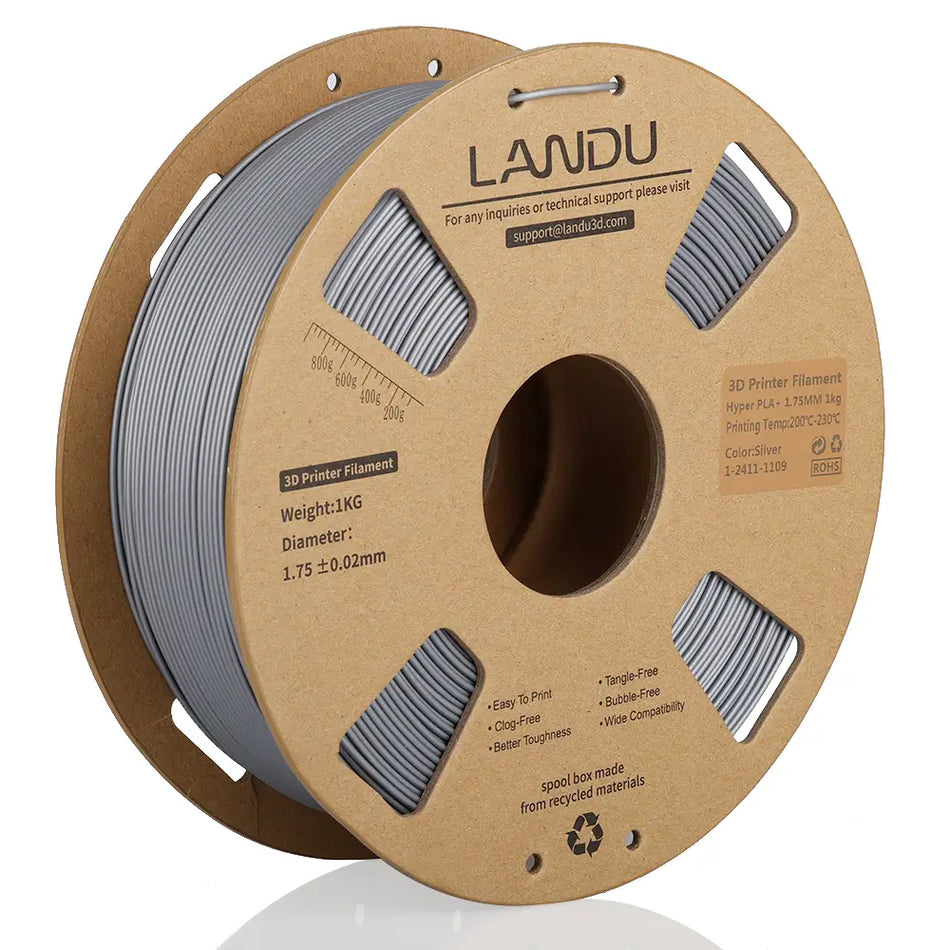 LANDU Silver Hyper PLA Plus 3D printer filament 1kg spool with a recycled cardboard design for eco-friendly printing.