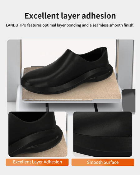 A 3D printed shoe made with LANDU Hyper TPU 95A highlighting excellent layer adhesion and smooth surface finish.