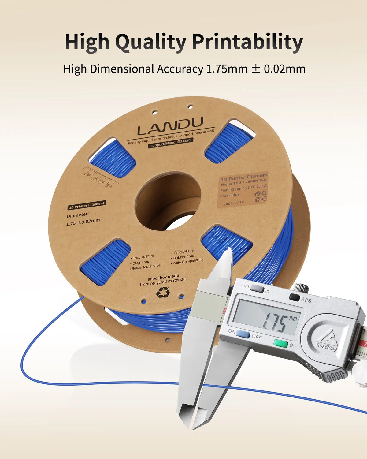 Digital caliper measuring LANDU Hyper TPU 95A flexible filament ensuring precise 1.75mm diameter.