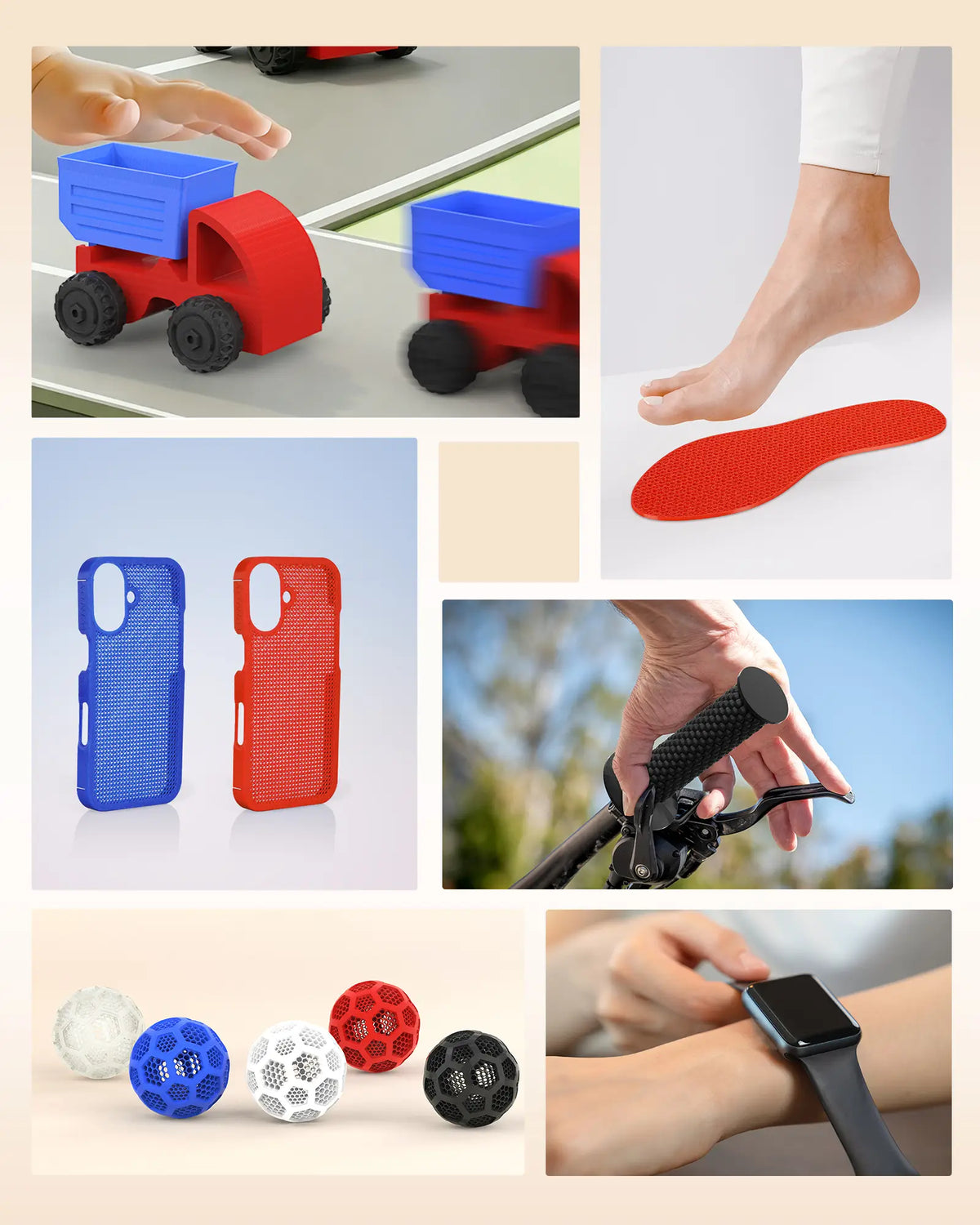 Collage of diverse 3D printed items made using LANDU Hyper TPU 95A including phone cases, insoles, and watch straps.