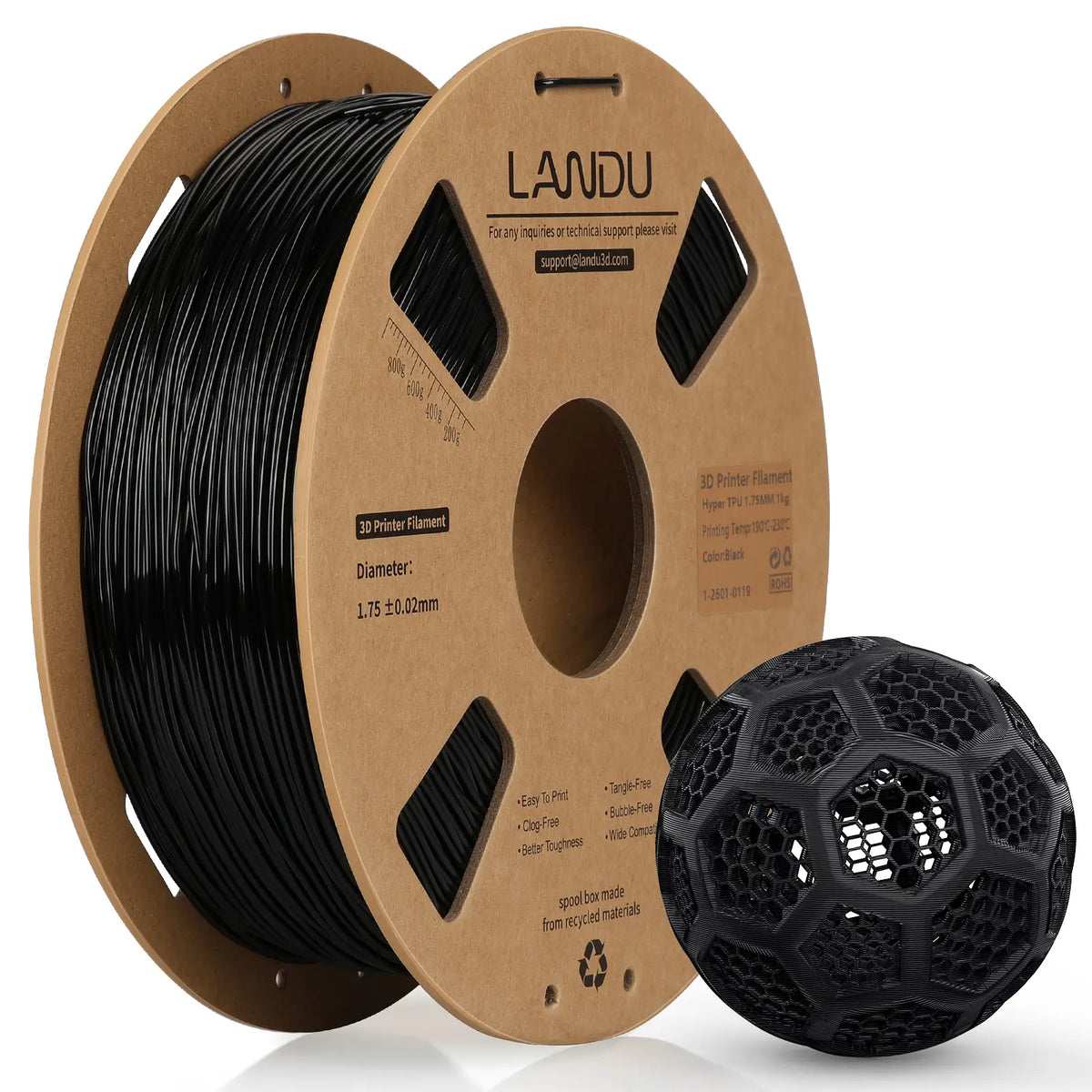 LANDU Hyper TPU 95A Black flexible 3D printer filament 1kg spool paired with a 3D printed honeycomb stress ball.