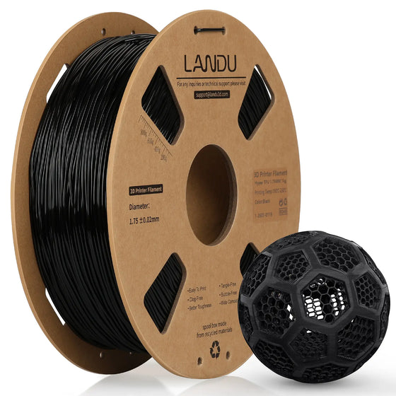 LANDU Hyper TPU 95A Black flexible 3D printer filament 1kg spool paired with a 3D printed honeycomb stress ball.
