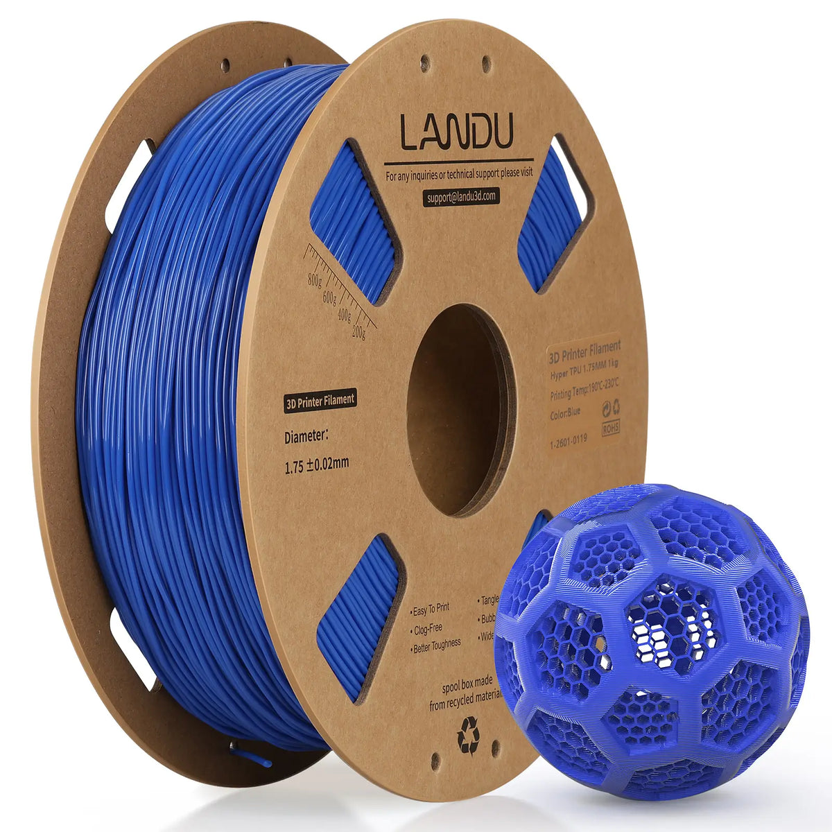 LANDU Hyper TPU 95A Blue flexible 3D printer filament 1kg spool displayed with a matching 3D printed honeycomb ball.