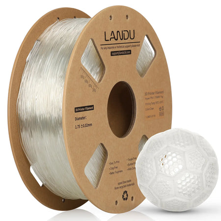 LANDU Transparent Hyper TPU 95A flexible 3D printer filament 1kg spool showcasing high clarity and flexibility.