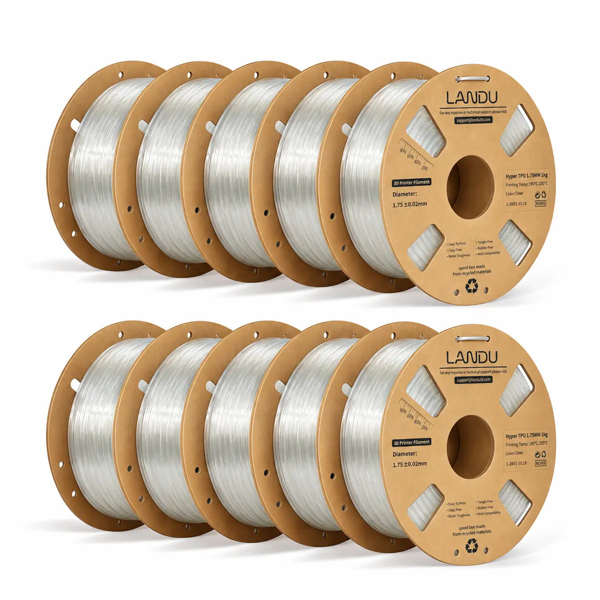 LANDU Transparent Hyper TPU 95A flexible 3D printer filament 10kg spool showcasing high clarity and flexibility.