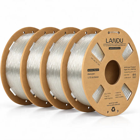 LANDU Transparent Hyper TPU 95A flexible 3D printer filament 4kg spool showcasing high clarity and flexibility.