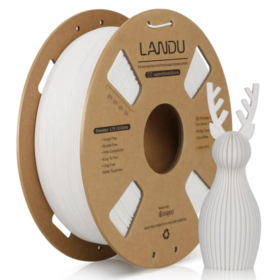 LANDU White Matte PLA 3D printer filament 1.75mm 1kg on a recyclable cardboard spool with a 3D printed geometric deer figurine.