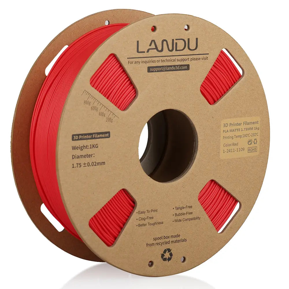LANDU Matte Red PLA 3D printer filament 1kg spool for high-quality and elegant 3D printed objects.