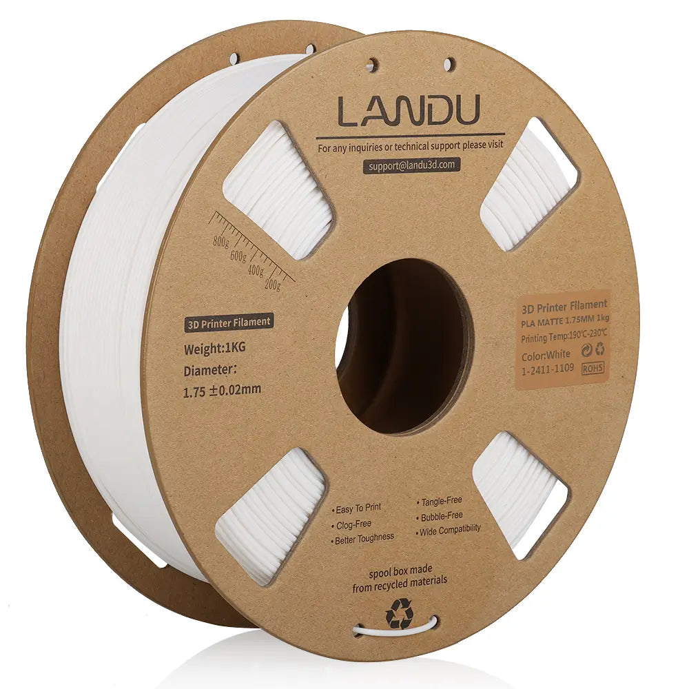 LANDU Matte White PLA 3D printer filament 1kg spool offering a clean pure finish for display or post-processing painting.