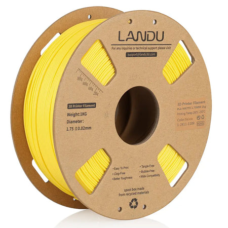 LANDU Matte Yellow PLA 3D printer filament 1kg spool on a recycled cardboard roll for consistent and visually pleasing prints.