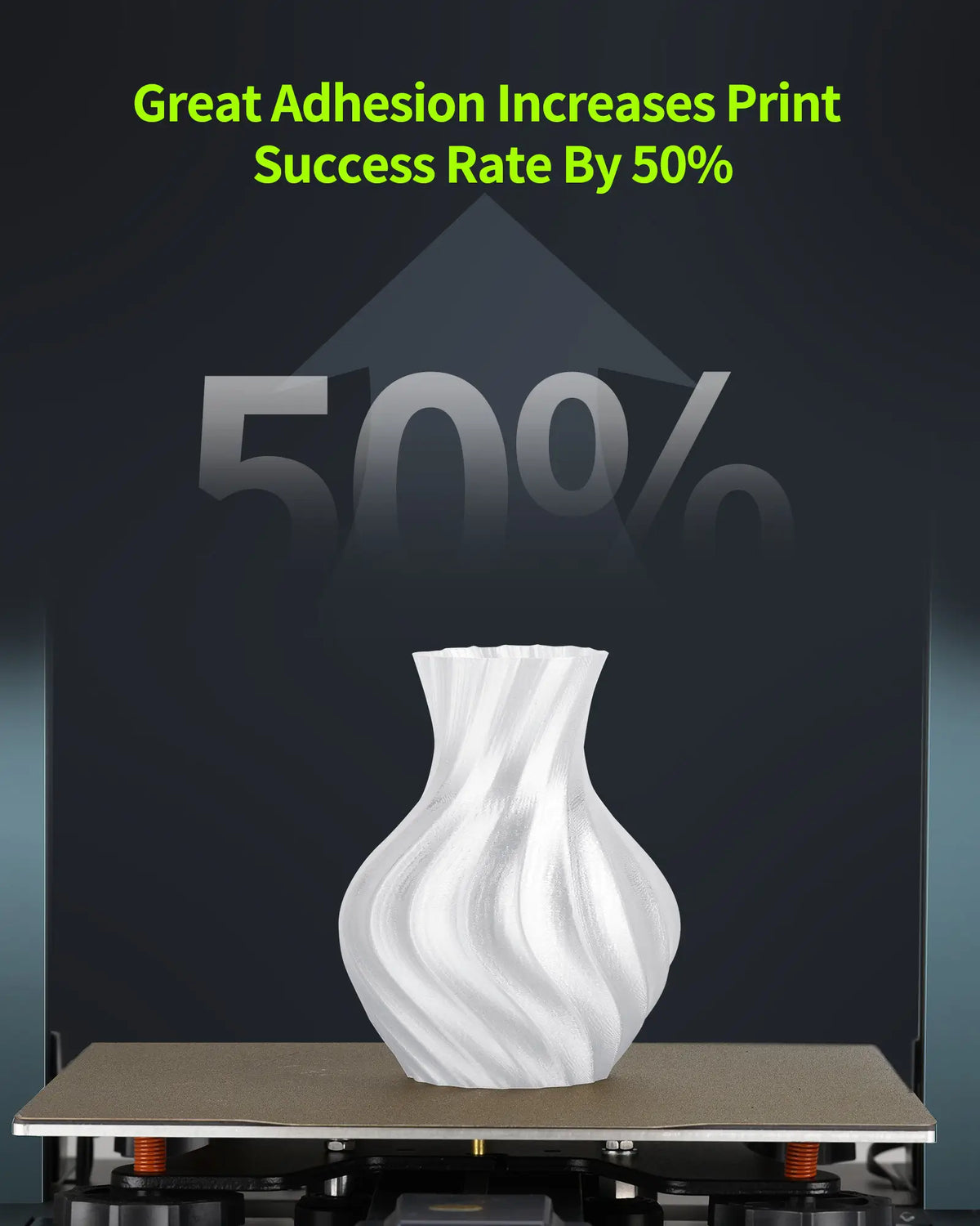 3D printed white vase on a printer bed demonstrating great bed adhesion of LANDU PETG filament to increase print success rate.