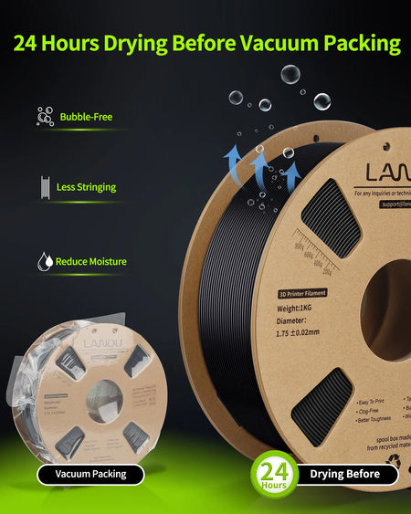LANDU PETG filament spool showing moisture reduction through 24 hours of drying before vacuum packing to ensure bubble-free 3D printing.