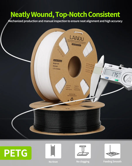 Digital caliper measuring LANDU white PETG filament showing precise 1.75mm diameter alongside a neatly wound spool for smooth feeding without clogging.