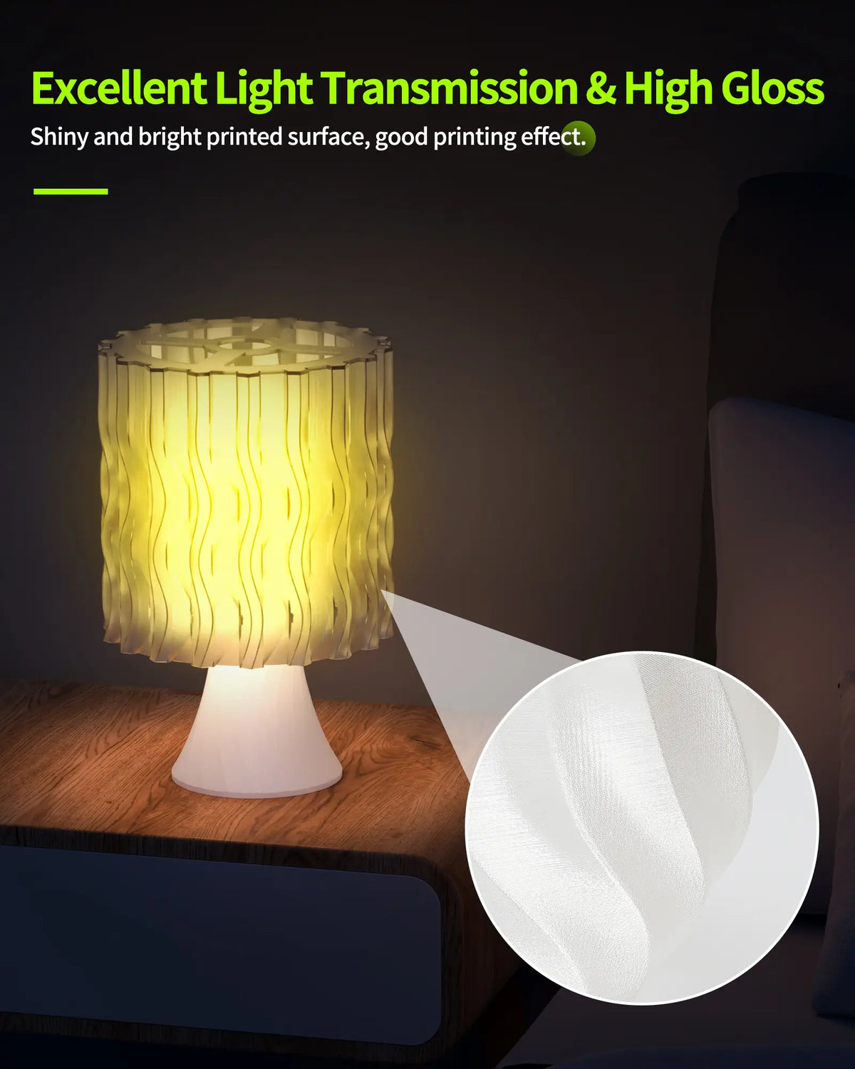 Glowing 3D printed bedside lamp highlighting the excellent light transmission and high gloss finish of LANDU translucent PETG filament.