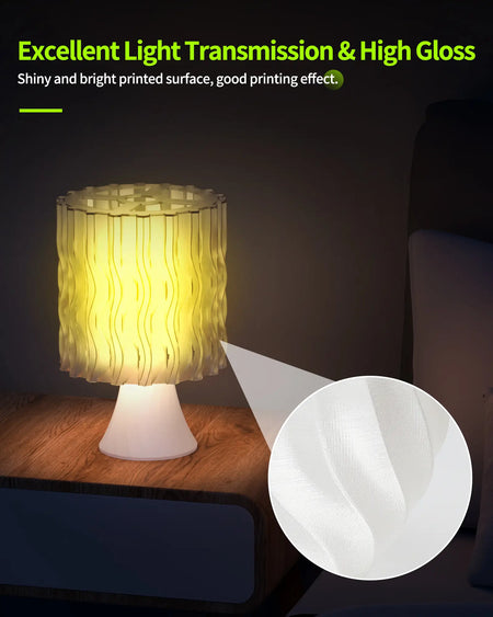 Glowing 3D printed bedside lamp highlighting the excellent light transmission and high gloss finish of LANDU translucent PETG filament.
