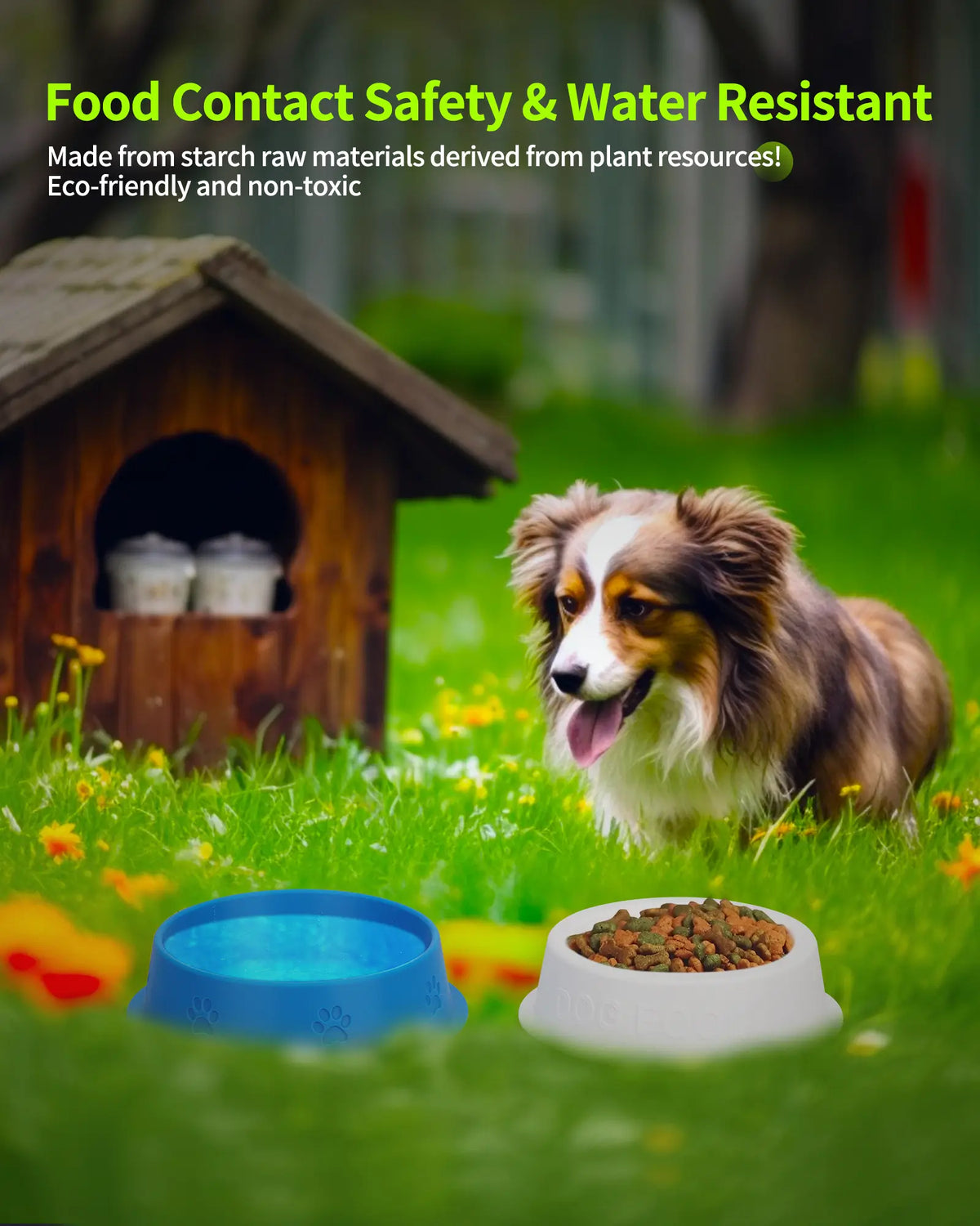 Two 3D printed dog food bowls on a lawn demonstrating the food contact safety and water resistant properties of LANDU PETG filament.