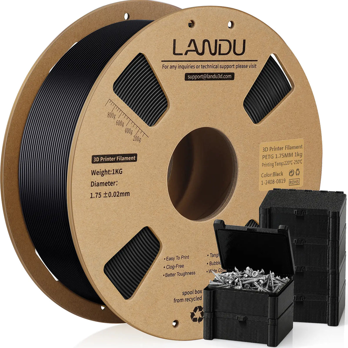 LANDU Black PETG 3D printer filament 1kg spool displayed with functional 3D printed storage boxes holding metal screws.