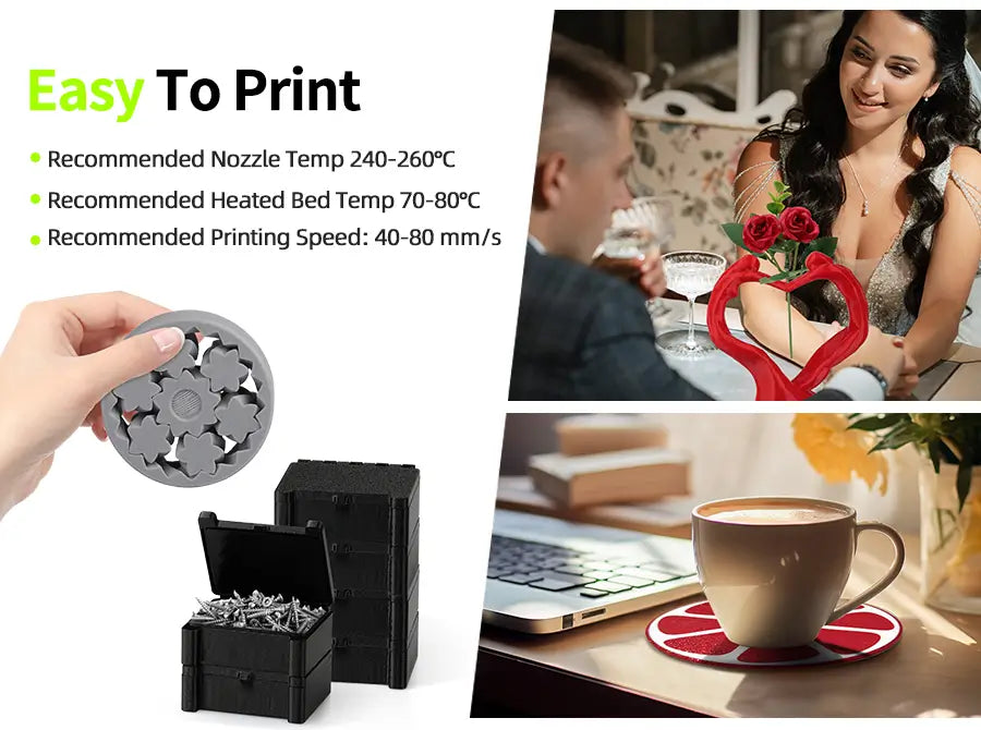 Suggested printing settings for LANDU PETG filament alongside various successful 3D prints like gears and storage boxes.